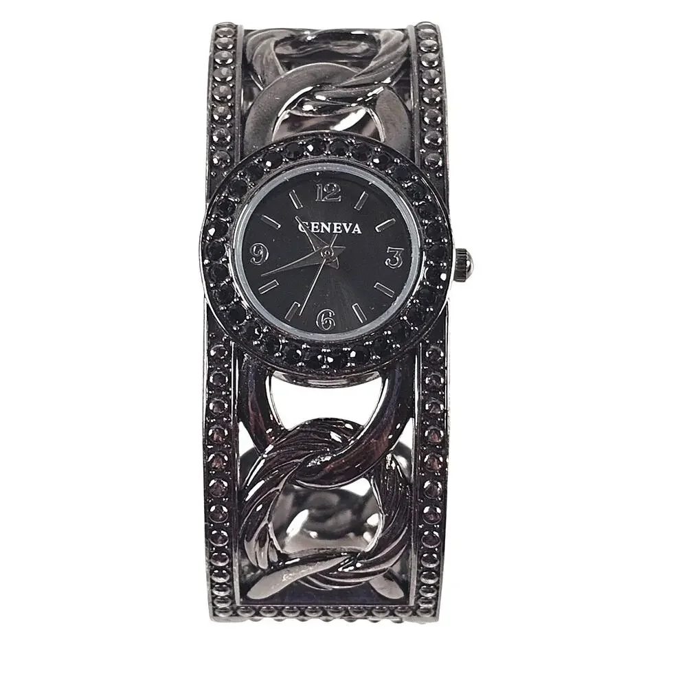 Women's Bangle Cuff Watch Gunmetal Chain Link Design Face Black Dial Geneva